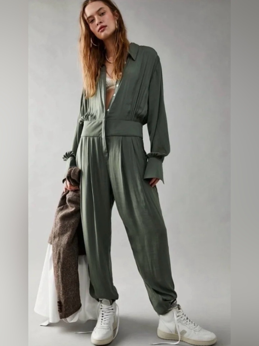 Free People Olive Utility Button-Front Jumpsuit